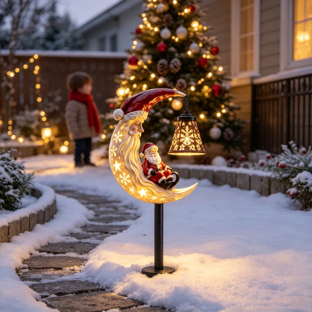 Santa moon outdoor Christmas stake near porch