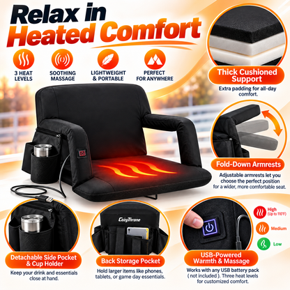 USB Heated Massage Stadium Seat – Portable Reclining Bleacher Chair with 3 Heat Levels, Foldable Armrests & Cup Holder