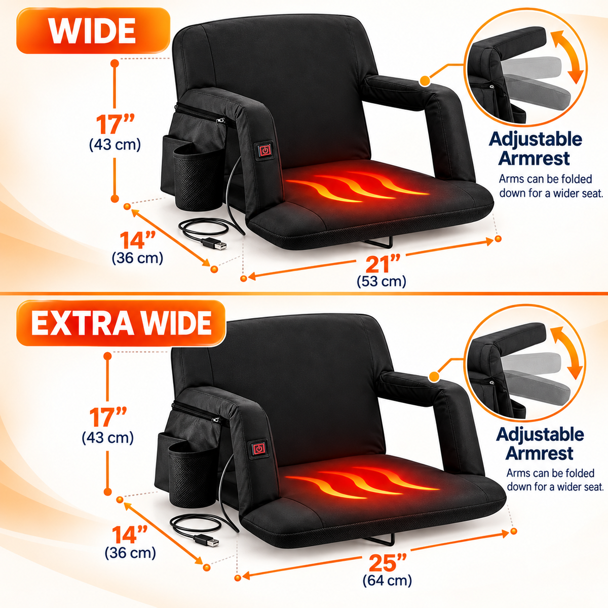 USB Heated Massage Stadium Seat – Portable Reclining Bleacher Chair with 3 Heat Levels, Foldable Armrests & Cup Holder