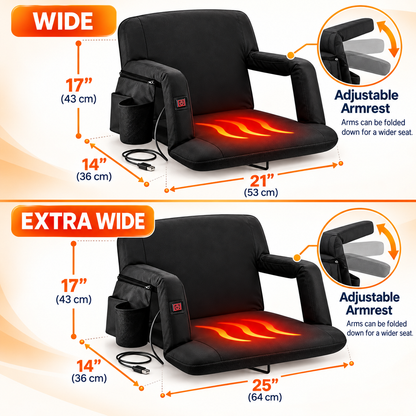 USB Heated Massage Stadium Seat – Portable Reclining Bleacher Chair with 3 Heat Levels, Foldable Armrests & Cup Holder