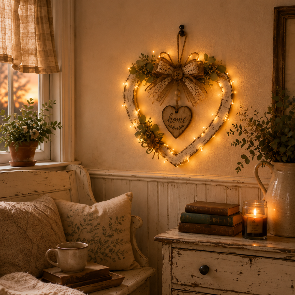 Rustic farmhouse heart wall decor close-up details