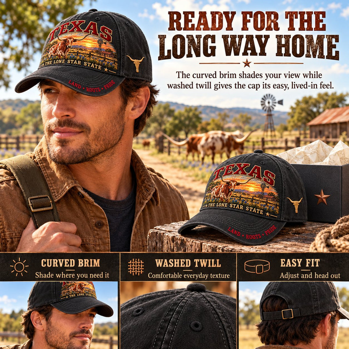 ⏳ Last Day 49% OFF – 🤠 Texas Lone Star Longhorn Cap | Cotton-Poly Blend • Detailed Embroidery • Adjustable Fit