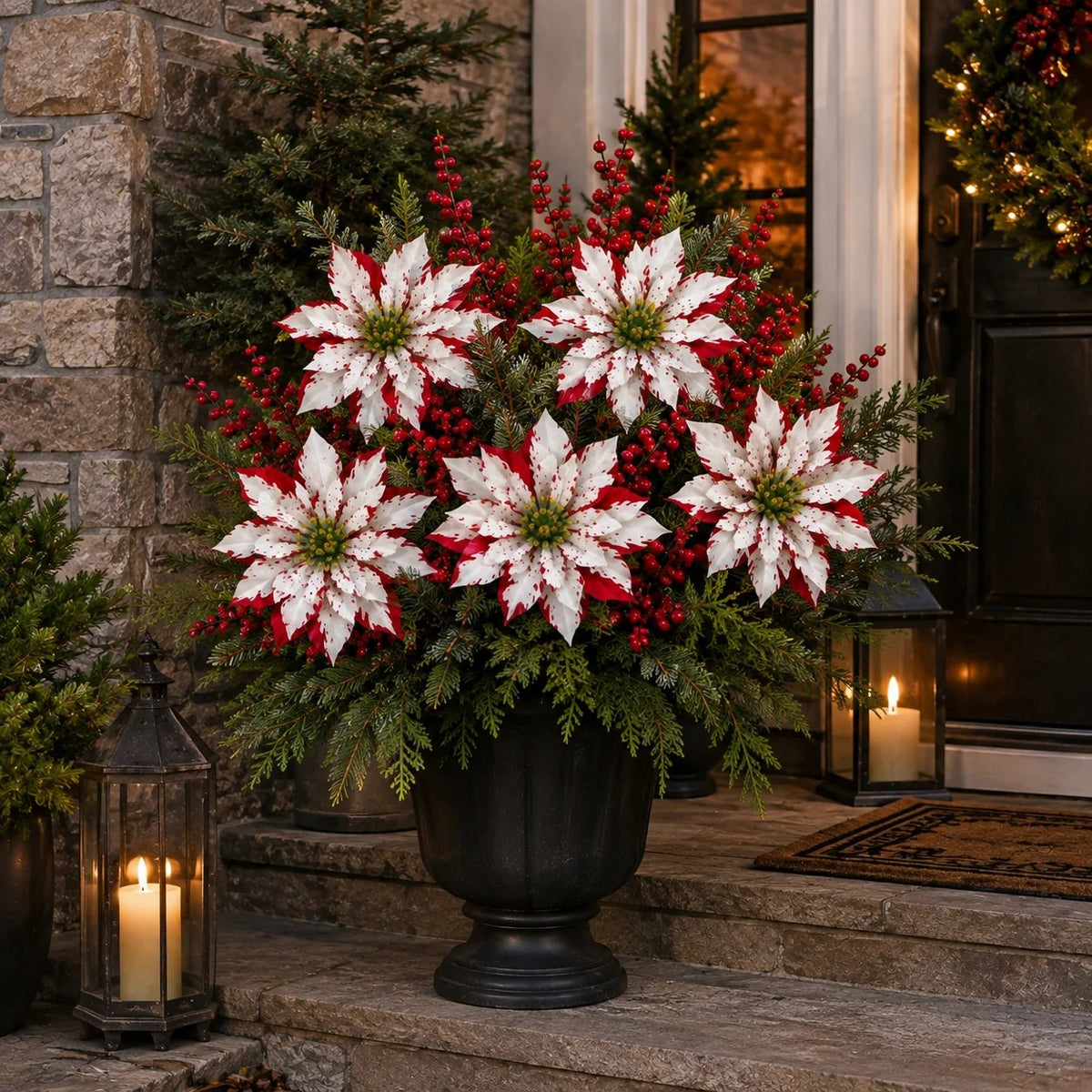 ❤️ Christmas Poinsettia Planter Inserts – Set of 6 Red & White Holiday Floral Picks