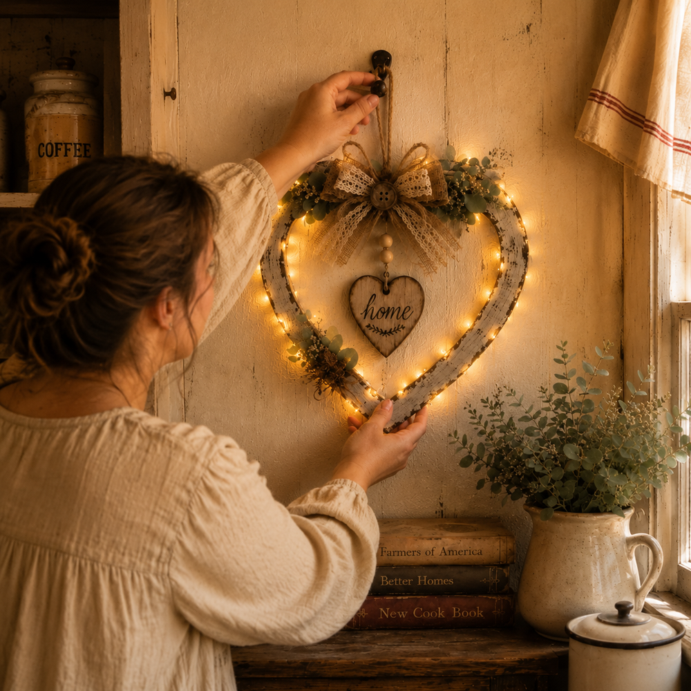 Farmhouse heart wall decor in cozy room