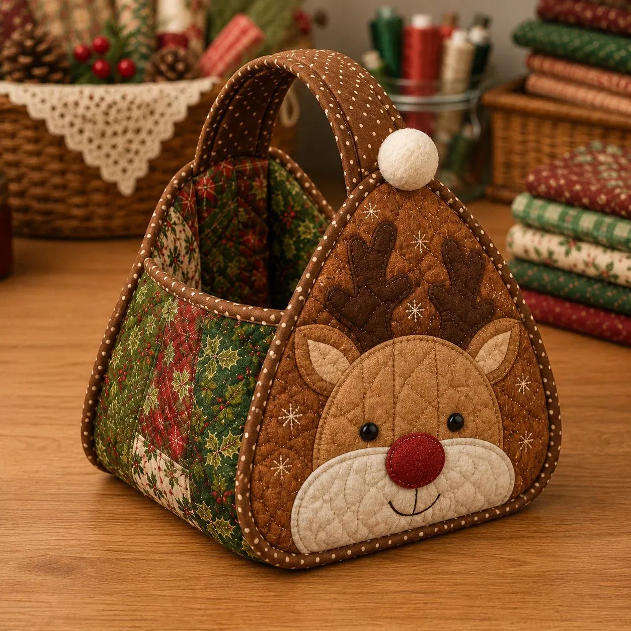 ⭐🎉🎄 Christmas Character Quilted Carry Basket | Padded Patchwork Fabrics, Layered Appliqué & Soft Carry Handle in DIY Kit or Ready-Made Styles 🎁✨