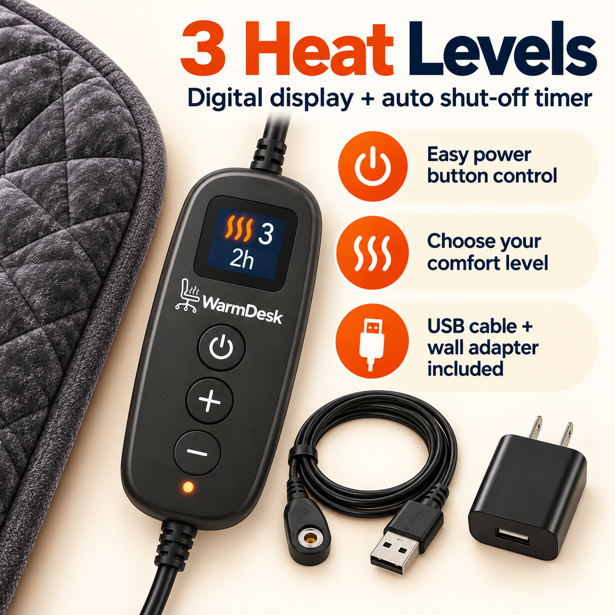 Heated Office Chair Pad – 3 Heat Levels, Digital Display & Auto Shut-Off