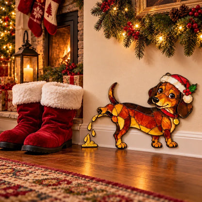 Funny Peeing Dachshund Christmas Decoration – Stained Glass-Style Sausage Dog Yard Art & Baseboard Decor
