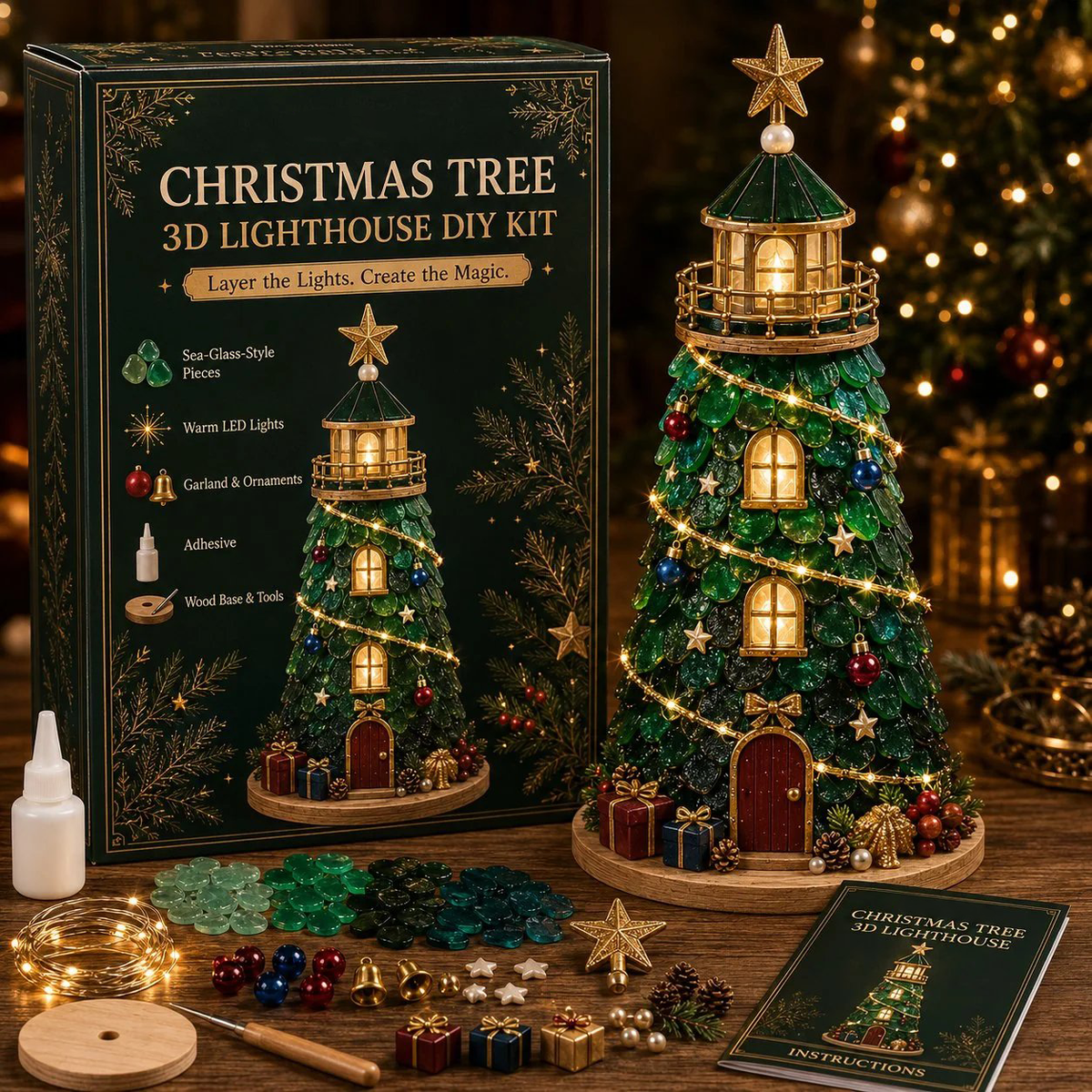 🎄Beginner-Friendly DIY Lighted Christmas Character Sea Glass-Style Lighthouse Kit Collection | Complete Kit with Sea Glass-Style Pieces, LED Lights & Step-by-Step Guide Included 💕
