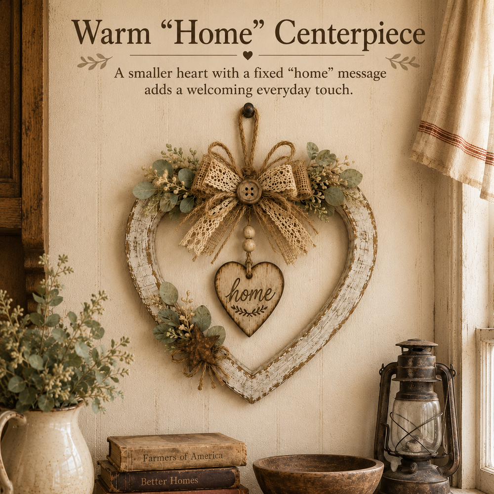 Farmhouse heart wall decor texture and bow details