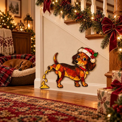 Funny Peeing Dachshund Christmas Decoration – Stained Glass-Style Sausage Dog Yard Art & Baseboard Decor