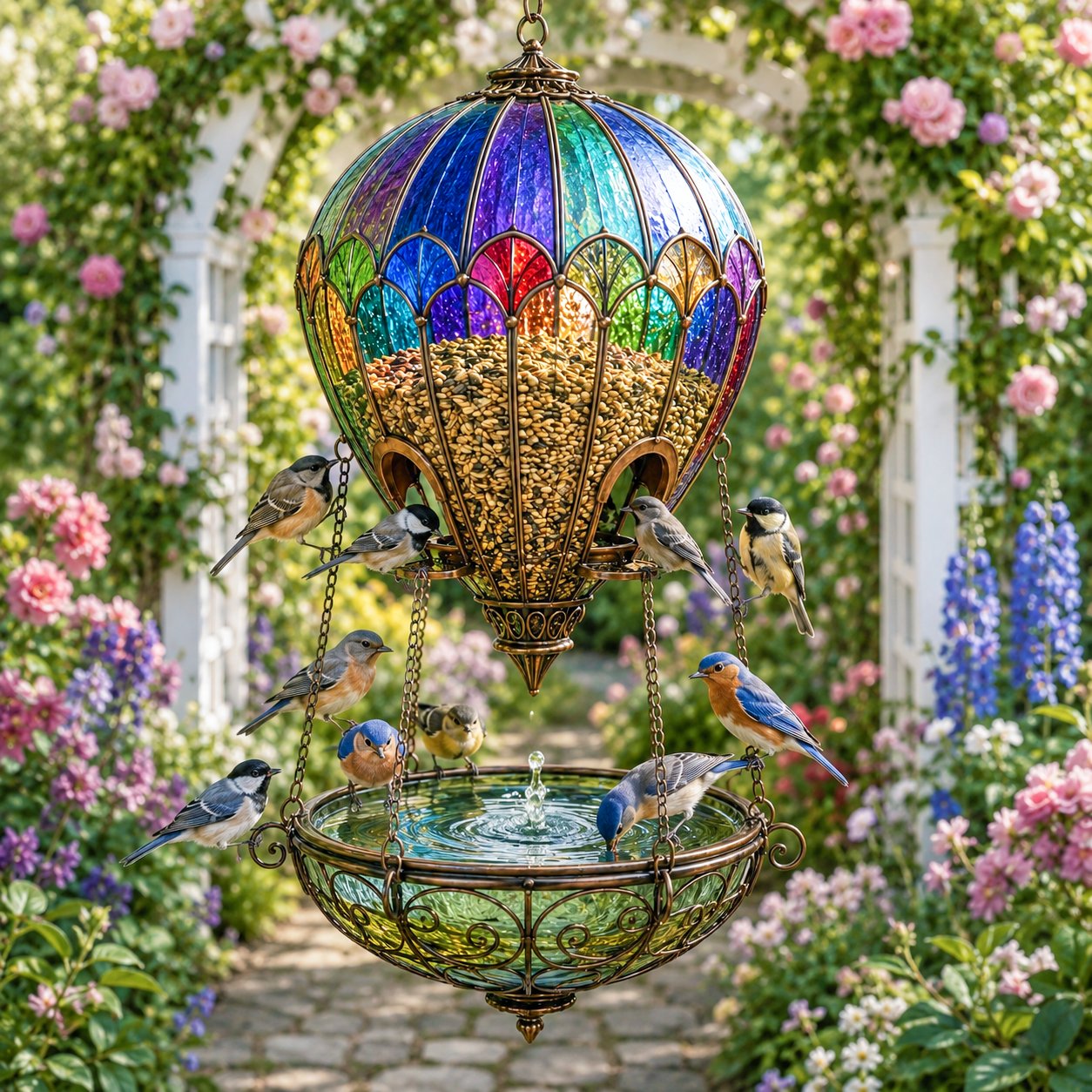 🌈 Stained Glass Hot Air Balloon Bird Feeder Fountain🐦