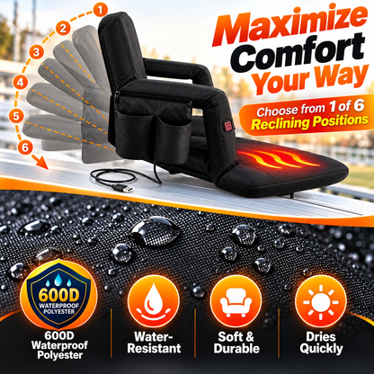 USB Heated Massage Stadium Seat – Portable Reclining Bleacher Chair with 3 Heat Levels, Foldable Armrests & Cup Holder