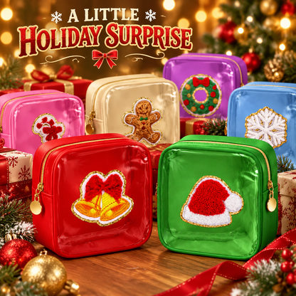 12-Pack Christmas Mini Makeup Bags with Clear PVC Window & Festive Chenille Patches – Holiday Gift Pouches for Teachers, Coworkers & Friends