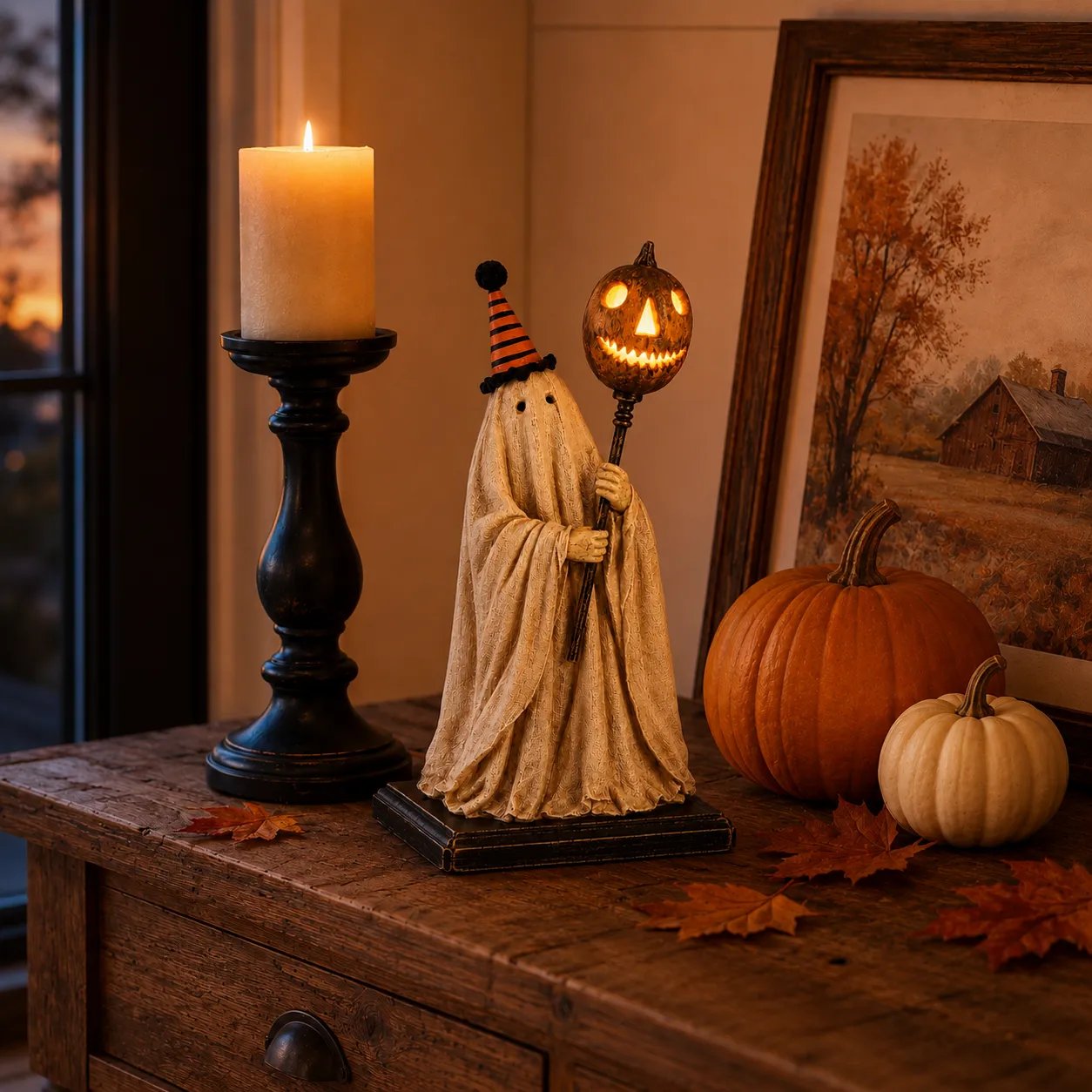 ✨🎃 Limited Seasonal Edition - 👻 Lighted Vintage Ghost Figurine with Glowing Pumpkin Staff
