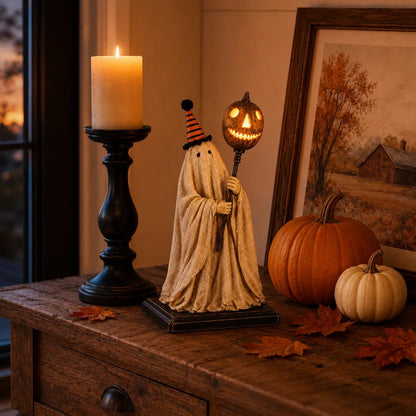 ✨🎃 Limited Seasonal Edition - 👻 Lighted Vintage Ghost Figurine with Glowing Pumpkin Staff