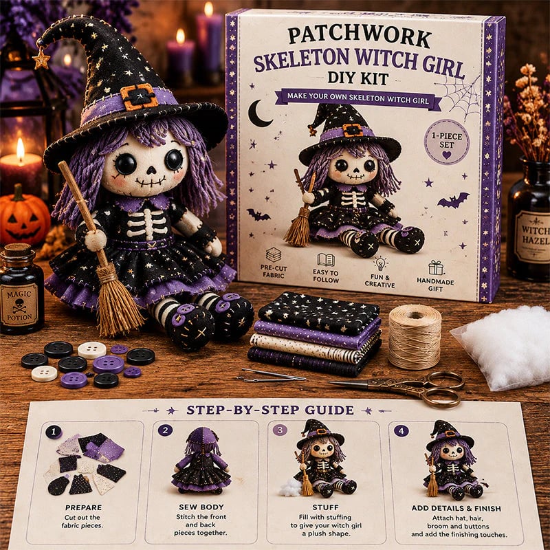 🔥HOT SALE 49% OFF🎃🧙‍♀️Patchwork Skeleton Witch Girl DIY Kit👻🦴🎃  – Handmade Halloween Wall & Door Décor