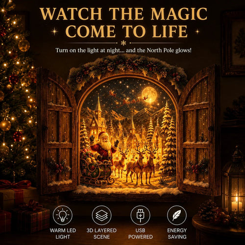 🎄 Santa's Secret Window Light — A 3D Lighted View of the North Pole for Your Wall | Rustic Opening Shutters, Snowy Village, Santa & Sleigh Under the Moon | Warm LED Christmas Wall Decor for Mantel, Entryway & Hallway