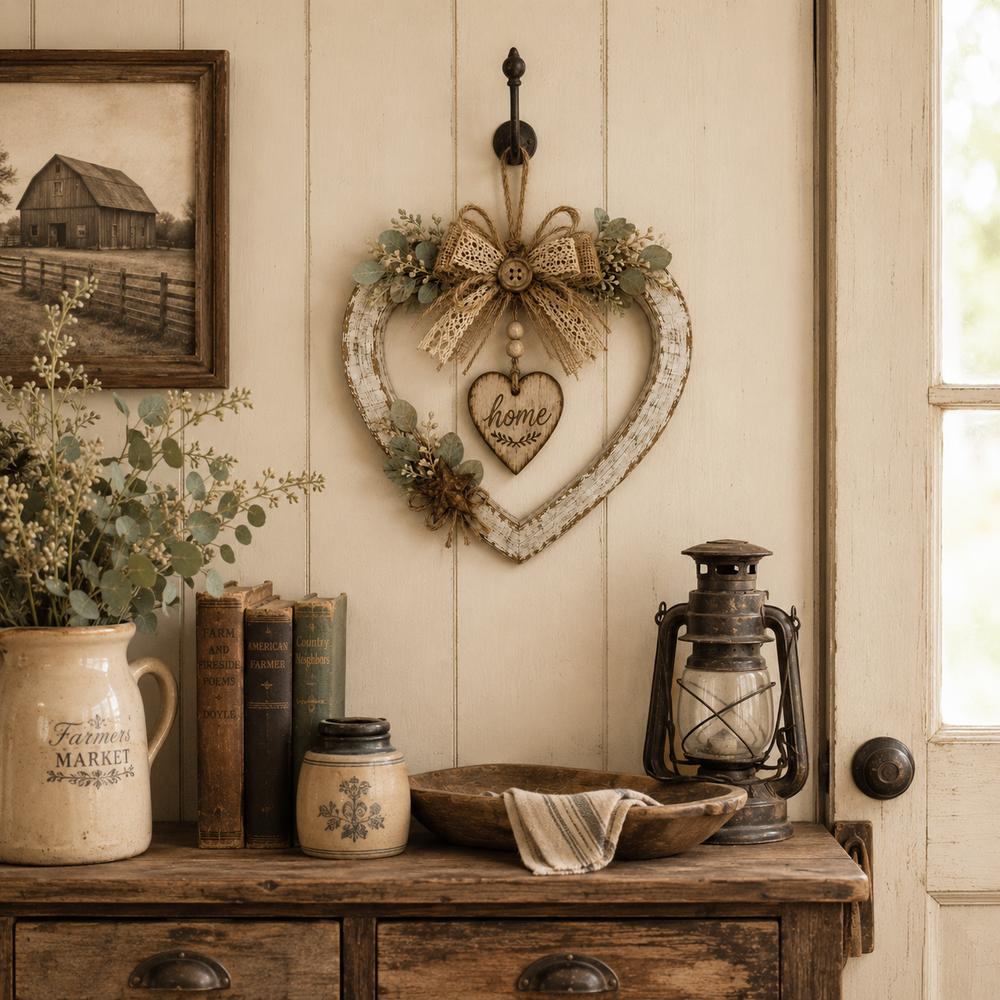 Warm lighted farmhouse heart wall decoration