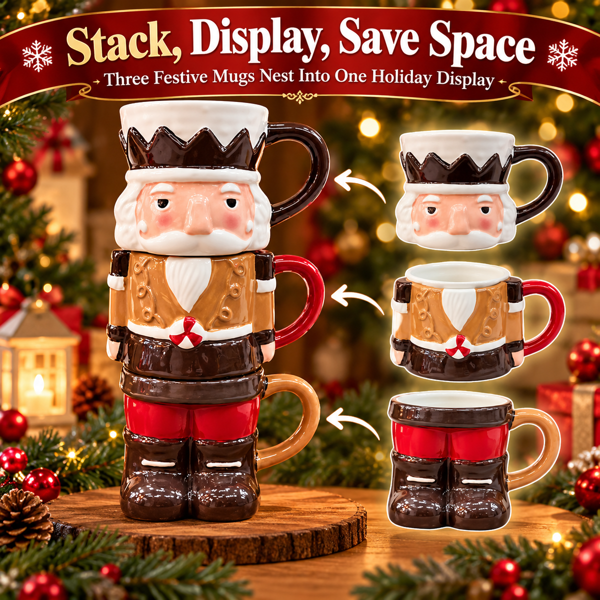 3-Piece Stackable Nutcracker Christmas Mug Set – Festive Holiday Coffee Cups & Kitchen Decor