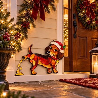Funny Peeing Dachshund Christmas Decoration – Stained Glass-Style Sausage Dog Yard Art & Baseboard Decor