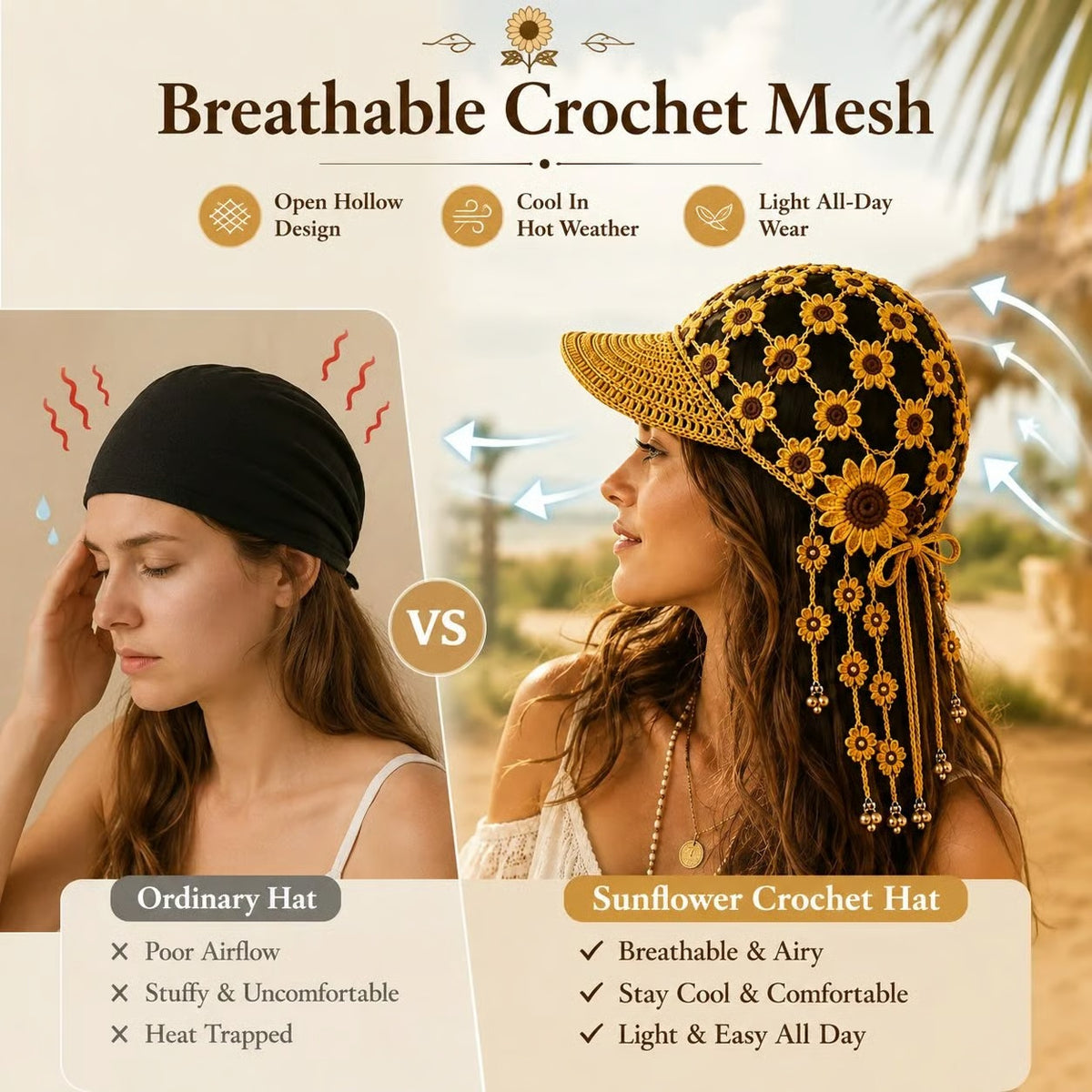 🔥Last Day 49% OFF - ☀ 🌻 Knitted Sunflower Hollow-Out Baseball Cap