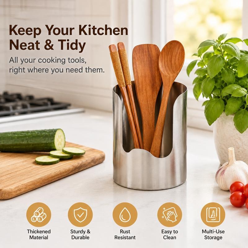 Stainless steel utensil holder on kitchen countertop