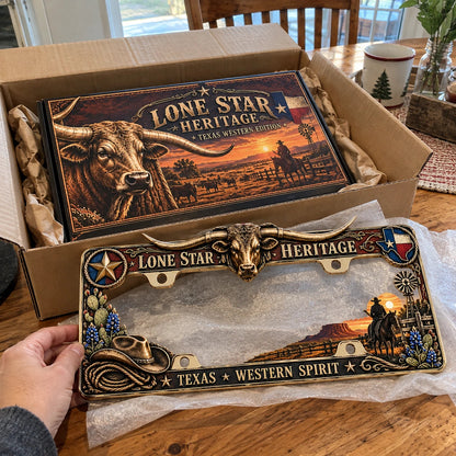🐂 Texas Longhorn Western Metal License Plate Frame – Vintage Cowboy & Lone Star Ranch Gift 🤠