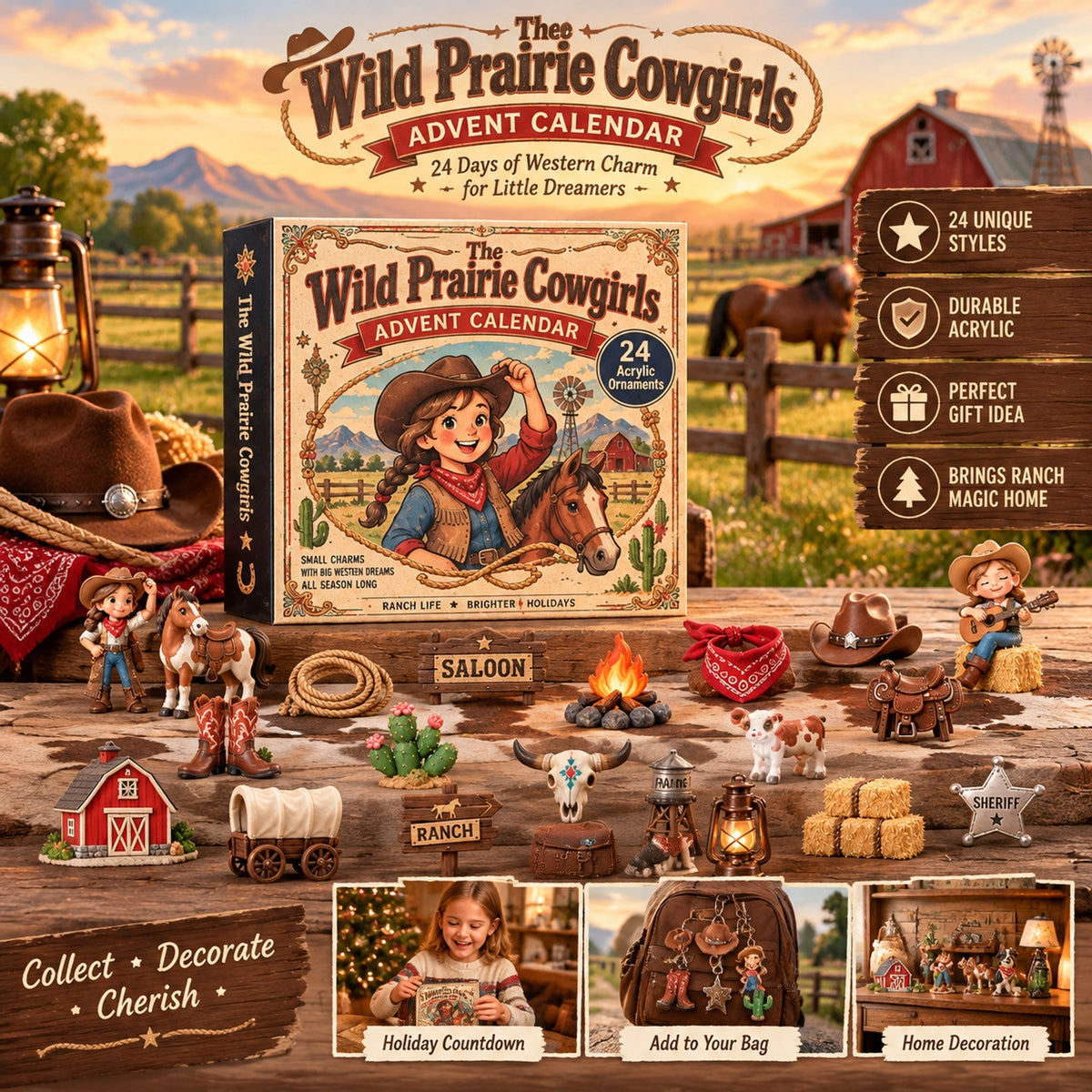 Wild Prairie Cowgirls Advent Calendar 2026 - 24-Day Festive Countdown, Acrylic Charms Blind Box Christmas gifts