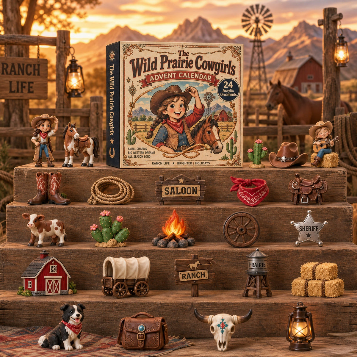 Wild Prairie Cowgirls Advent Calendar 2026 - 24-Day Festive Countdown, Acrylic Charms Blind Box Christmas gifts