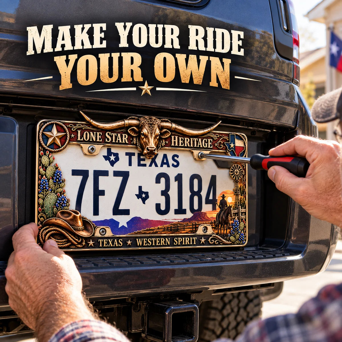 🐂 Texas Longhorn Western Metal License Plate Frame – Vintage Cowboy & Lone Star Ranch Gift 🤠